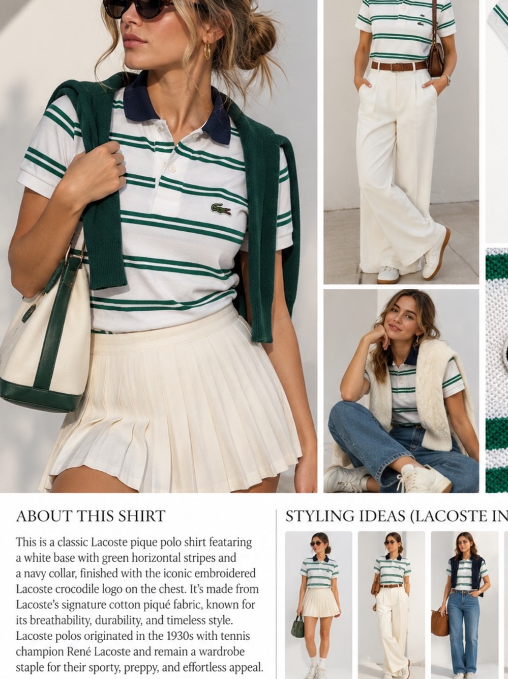 Lacoste White Polo with Green Stripes and Navy Collar
